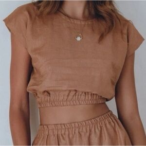 Casual rust Tan Crop Top Aura 100% Linen Blouse